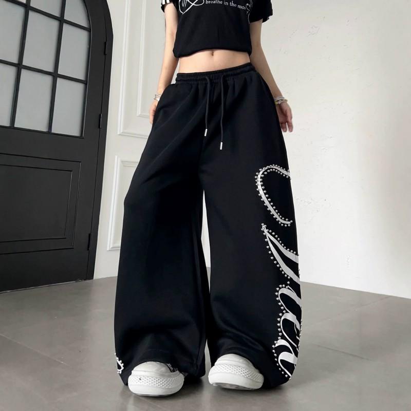 Womens Streetwear Beaded Letter Print Sweatpants Loose Wide Leg Dance Sports Pants