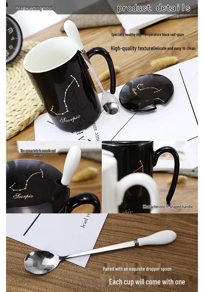 Schwarzes Sternzeichen Keramiktassen-Set - Kreative Kaffeetassen für Paare mit Deckel und Löffel