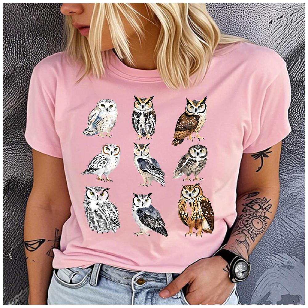 Unisex 100% Polyester Summer Top Different Breeds and Styles of Owls Print Loose Round Neck Short Sleeve Fashion for Lovers