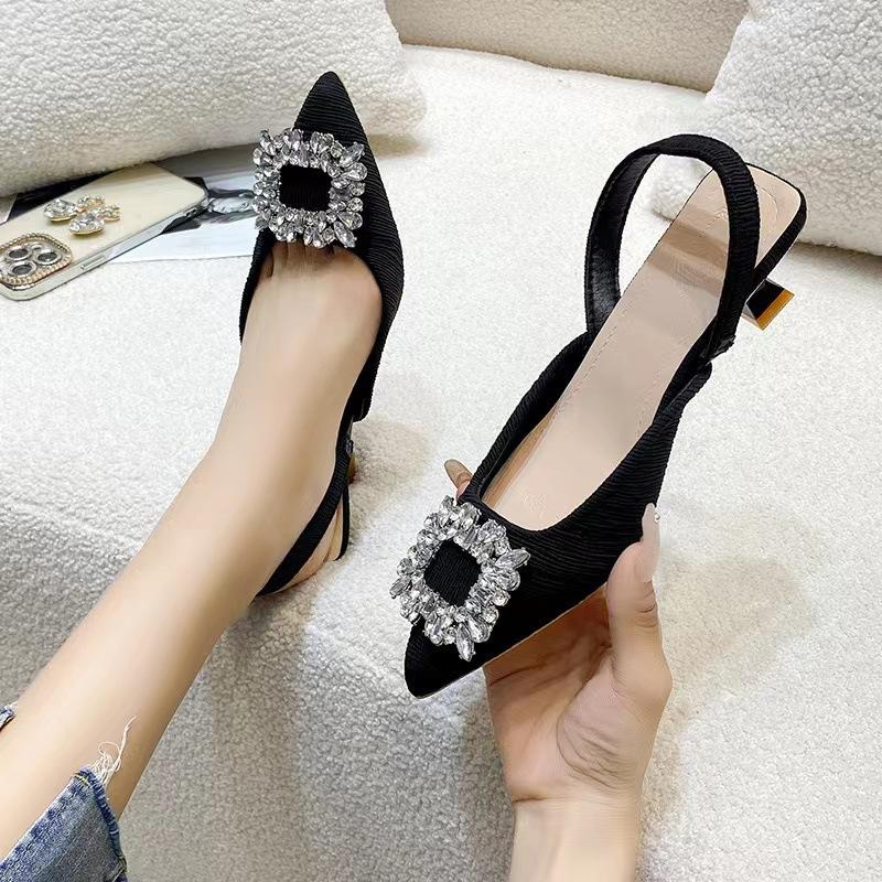 Baotou sandals women's new summer rhinestone square buckle fairy wind back empty French thin heel high heel pointed single shoes