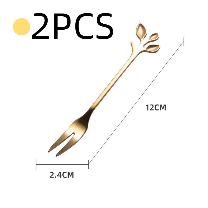 HANYANG Obstgabel aus Edelstahl, goldene Blätter, kreativer Gabellöffel aus Edelstahl, bunter Kaffeerührlöffel
