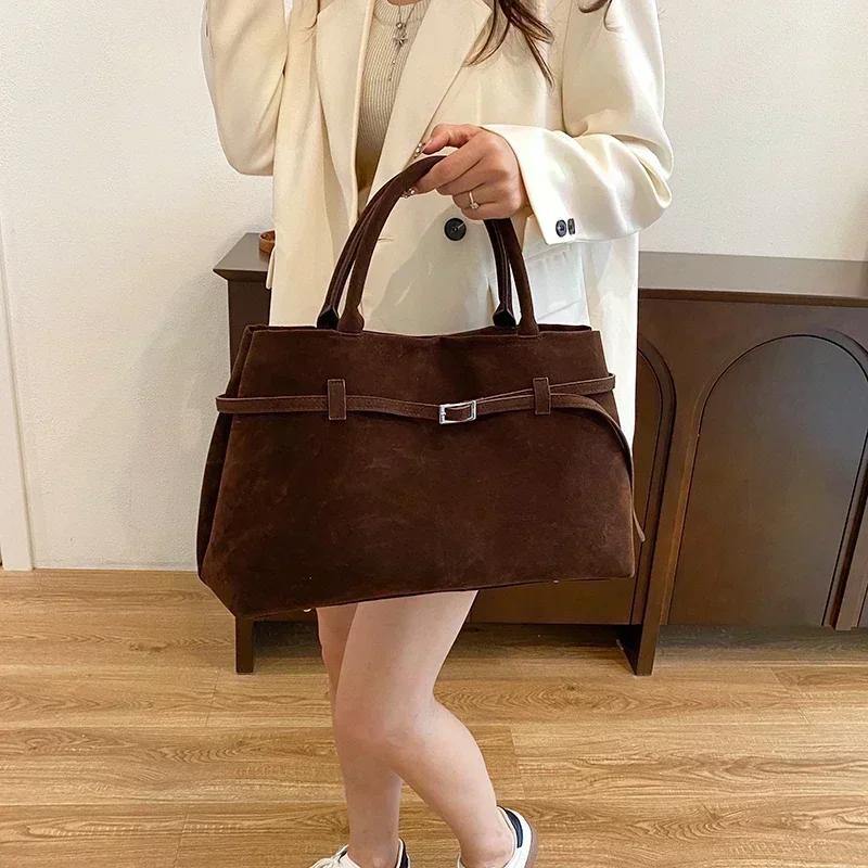 Buckle Decorative Design Solid Faux Suede Handbag Large Capacity Hasp Casual Tote Bags Premium Durable Quality