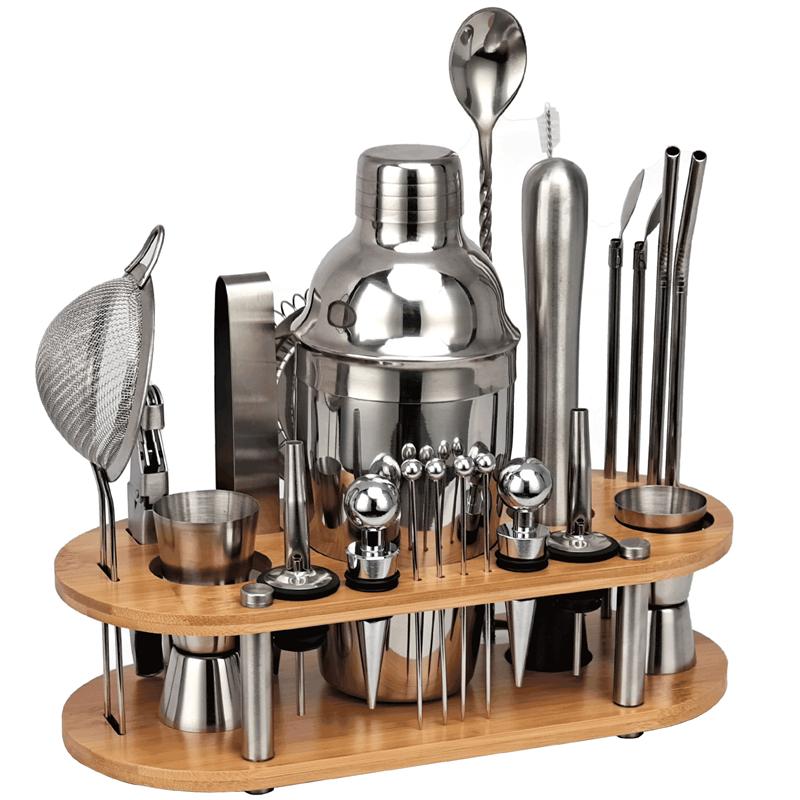 Set Shaker Cocktail da 23 Pezzi Regalo Perfetto, Kit Bartender Con Supporto Ovale in Bambù Staccabile, Strumenti per Bar Casalingo Acciaio Inossidabile