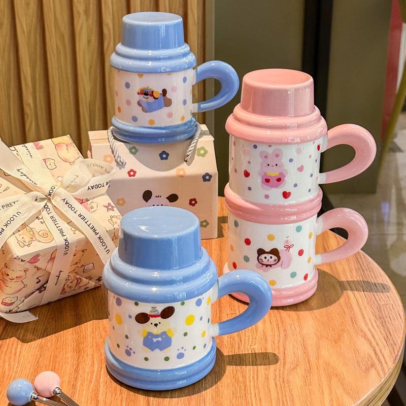 Cute and high-value puppy mug with lid spoon cartoon kitten ceramic cup for girl classmates birthday gift