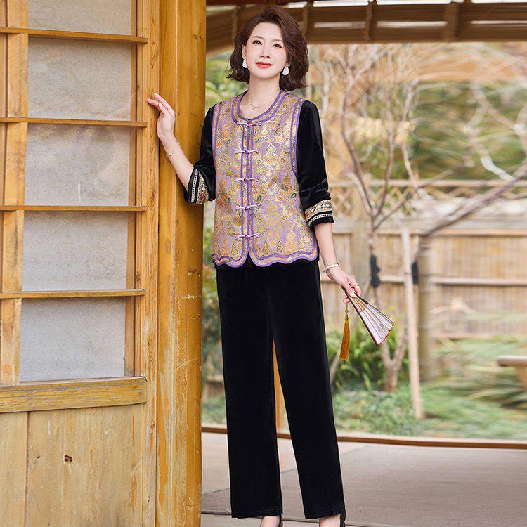 2026 Spring & Autumn Wide-Leg Pants Set for Middle-Aged Women: New Chinese National Style Jacket & Top