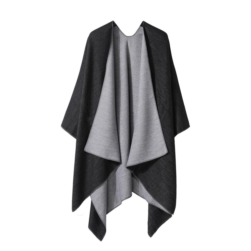Women's European & American Double-Sided Solid Color Cape Shawl with Striped Edge