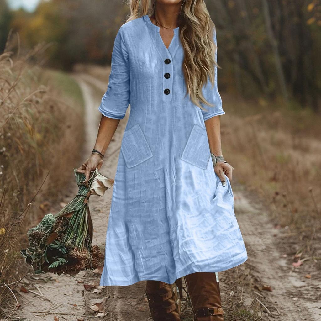Women's Fashionable Cotton And Linen Button Solid-color Half-sleeved Loose Pocket Dress