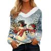 Women's Christmas Print Long Sleeve V-Neck Top with Plush Collar