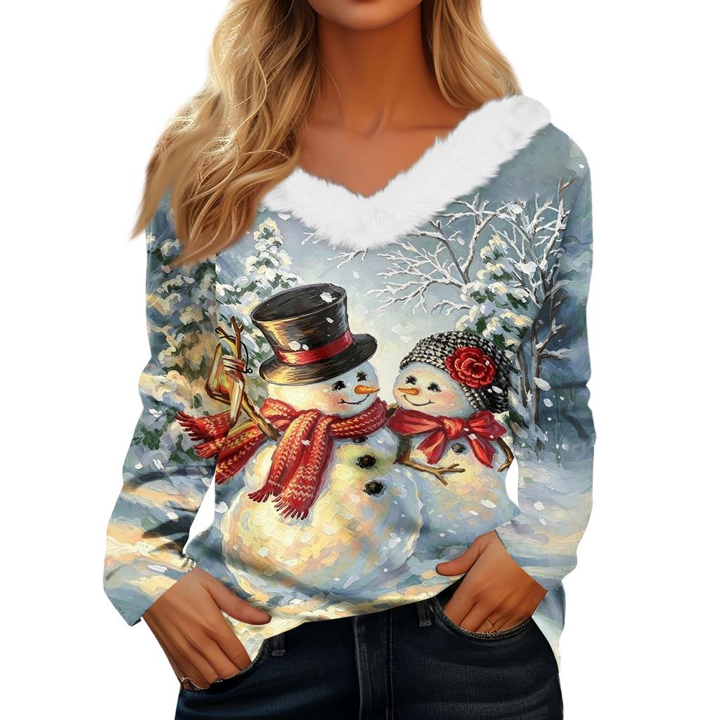 Women's Christmas Print Long Sleeve V-Neck Top with Plush Collar