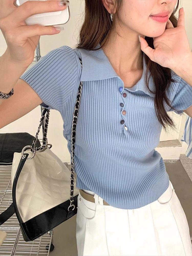 

Женская миниатюрная трикотажная футболка-поло с коротким рукавом из голубого ледяного шелка One Size синий