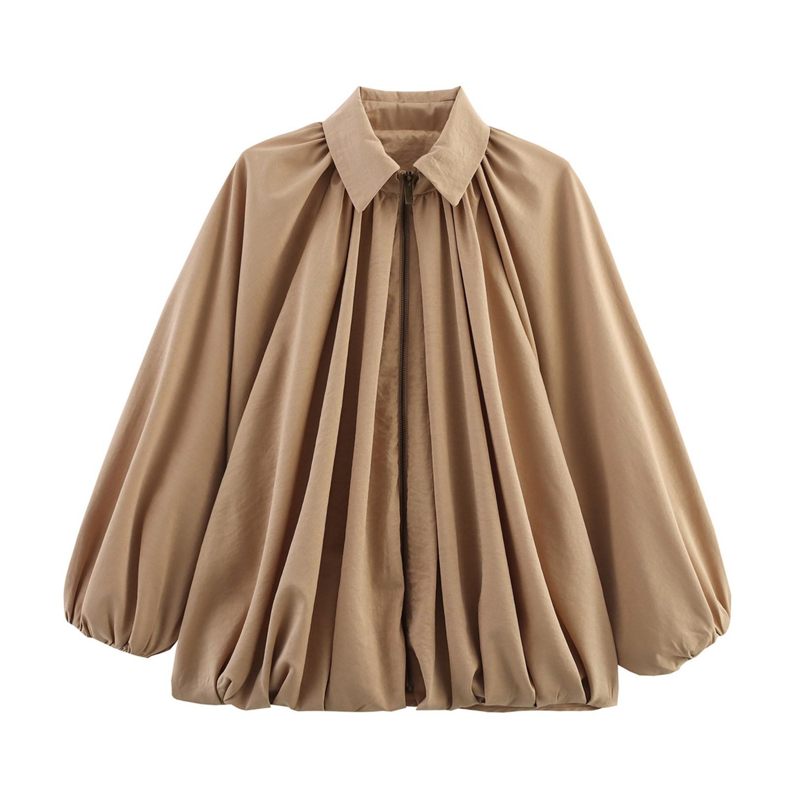 

Женская куртка оверсайз уличный стиль повседневная рукав лацкан воротник застежка-молния плиссированные рубашки M хаки