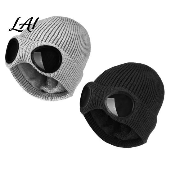 Fashionable Costume Hat for Parties 2Pcs Fleece Lined Hats with Goggles Warm Winter Knit Acrylic Hats Windproof Skiing Caps Men Women Cycling Hiking
