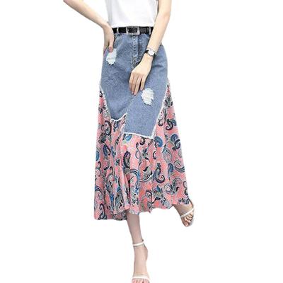 Women Spring Summer Denim Skirt Printed Hole Thin Loose Casual Long Skirt No Belt
