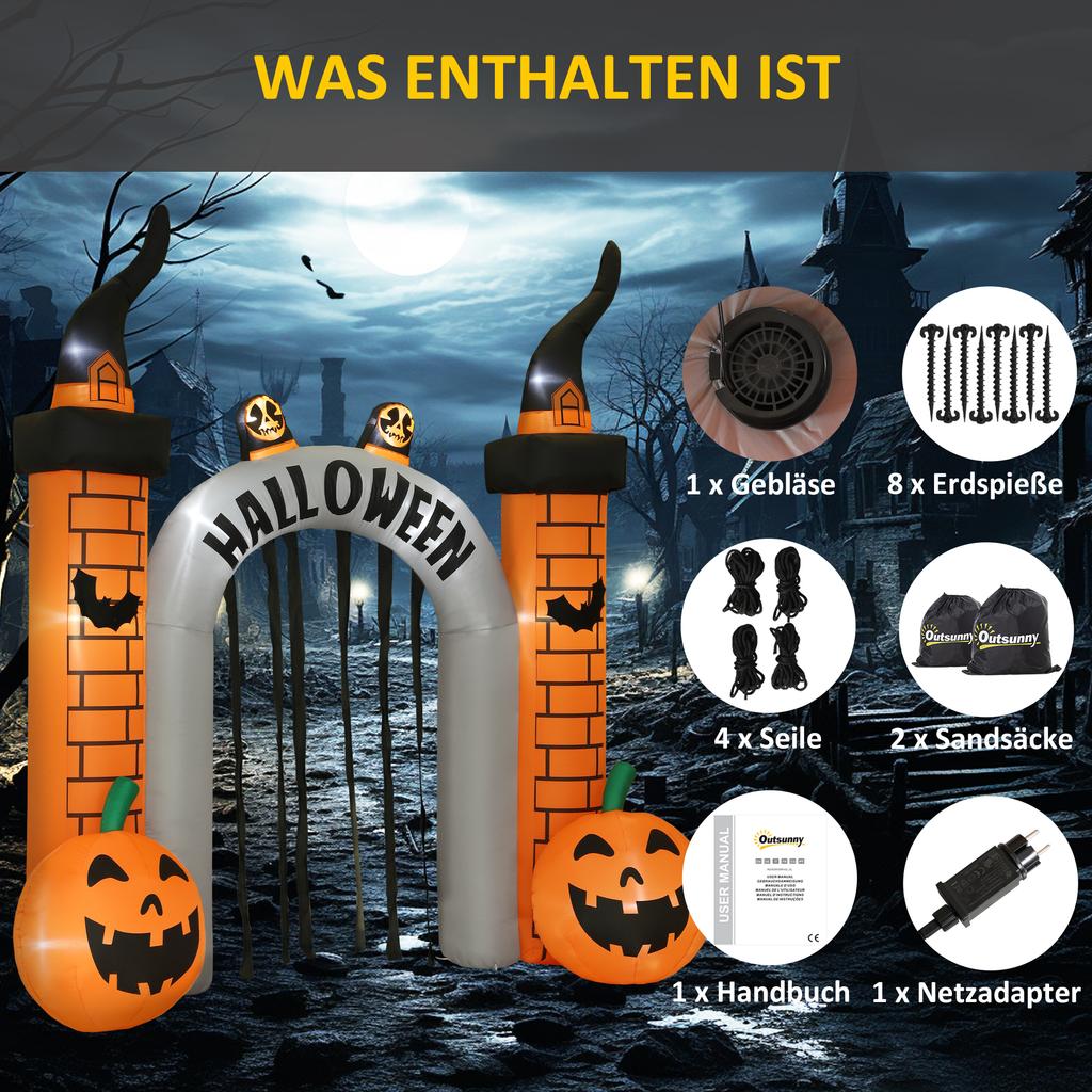 Nafukovací Halloweenový oblouk, Design dýně, LED diody, Kolíky, Polyester