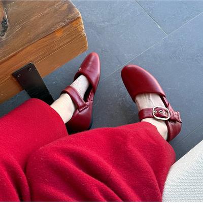 Sheepskin Version~ Genuine Leather Red Hollow Shallow Mouth with Mary Jane Single Shoes Women's Flat-bottomed Bag Head Women's Sandals