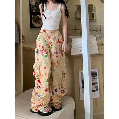 Chic Graffiti Printed Casual Pants In Summer New Design High Waist Loose Floor Wide-leg Trousers for Women