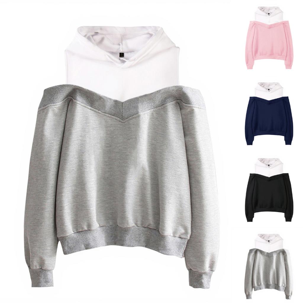 Ladies' Fashion Trend Off Shoulder Fake Two-piece Hooded Sweatshirt