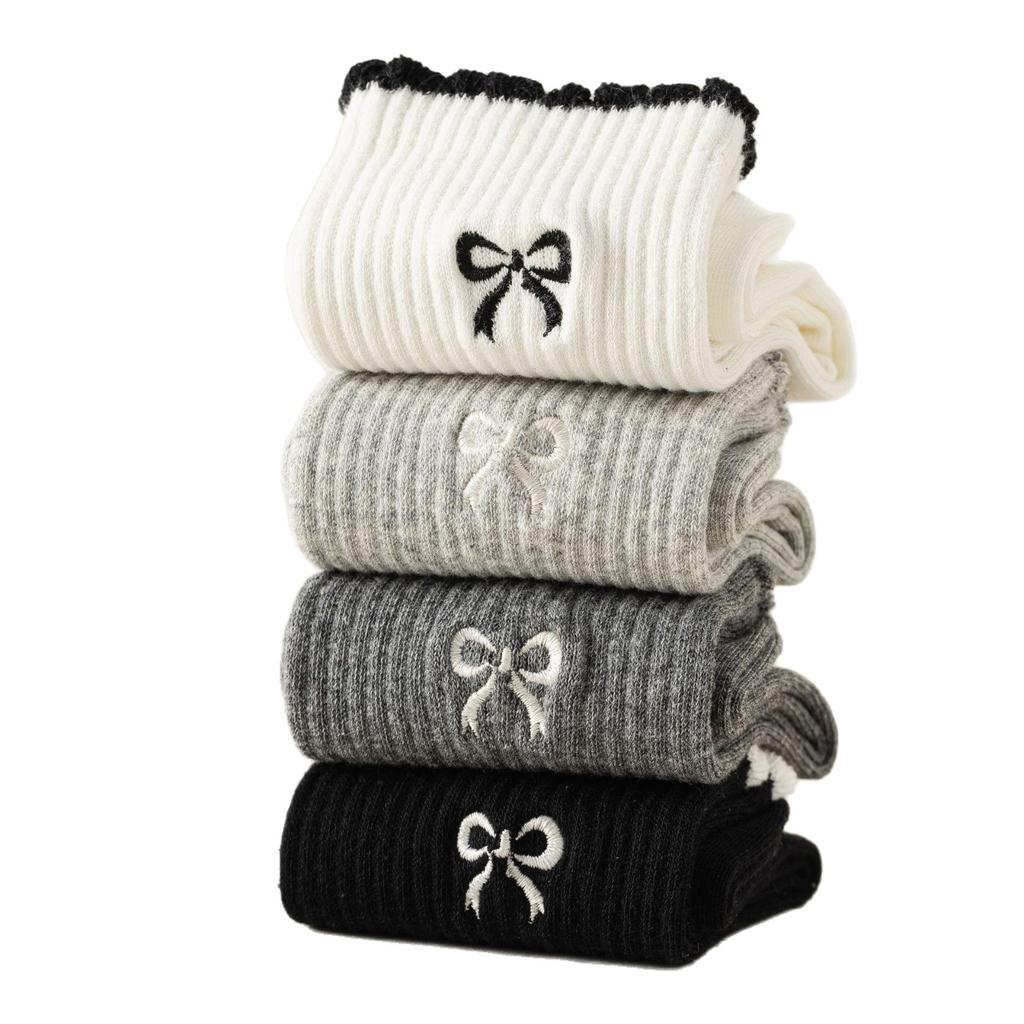 Female Autumn and Winter New Embroidery Bow Lace Polka Dot Wicking in The Tube Stack Socks