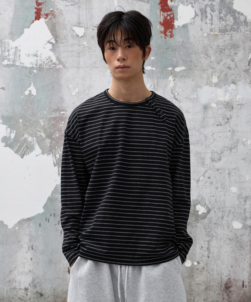 AGOD Camicia Henley con Bottoni Laterali a Righe Manica Lunga [Nero]