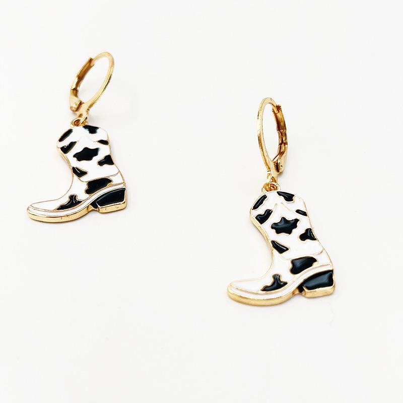 Dangly Cow Print Boot Cowboy Cowgirl Western Earrings Brown Metal Zircon Boho Bohemia Fur Hat Boot Star Earrings Golden EAR0126