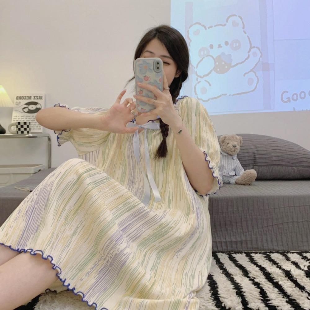 New Summer Cotton Short-sleeved Nightgown for Women Sweet Thin Round Neck Mid-length