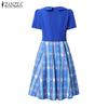 ZANZEA Women Doll Collar Casual Short Sleeve Print Patchwork Dress