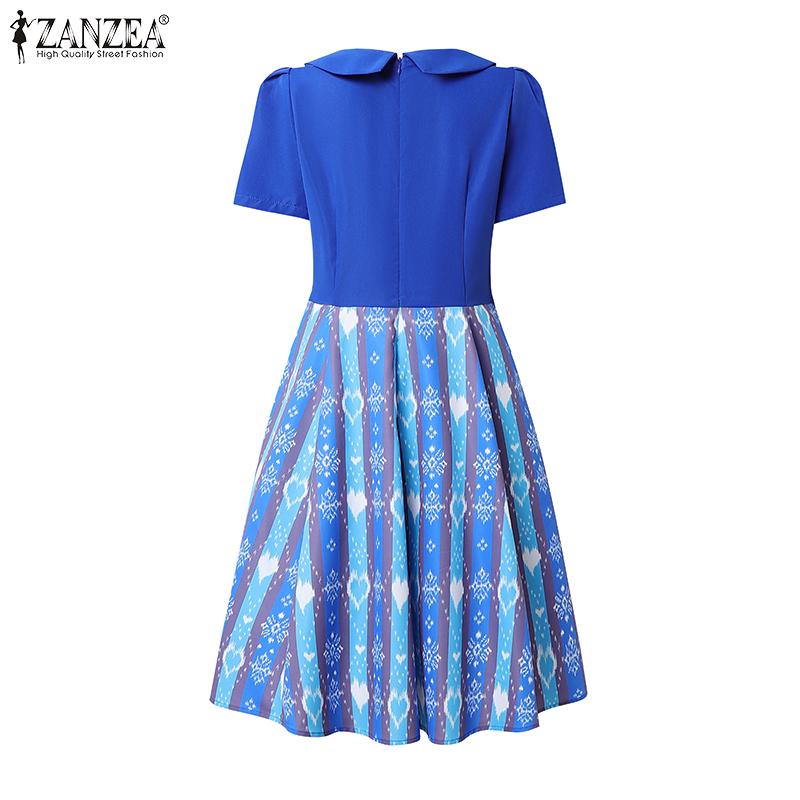 ZANZEA Women Doll Collar Casual Short Sleeve Print Patchwork Dress