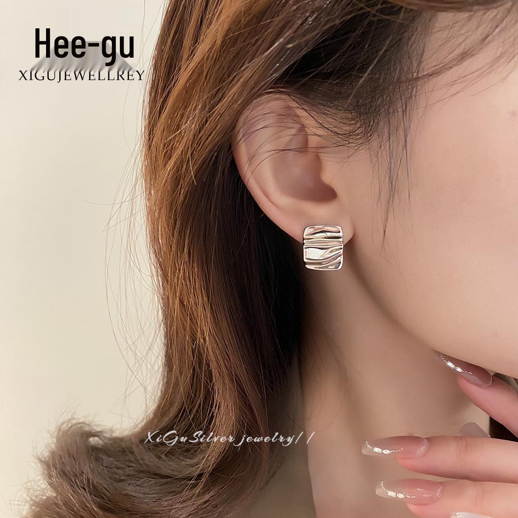 

Higu S925 Silver Square Pleated Ripple Stud Earrings - Women s Cold Style, Niche Design Square Pleated Stud Earrings платиновий