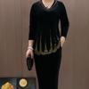 2pcs Pants Suit Spring Women's  Plus-size Velvet Blouse Rhinestone Elastic Waistband High-waist Velvet Pants Two-piece Set