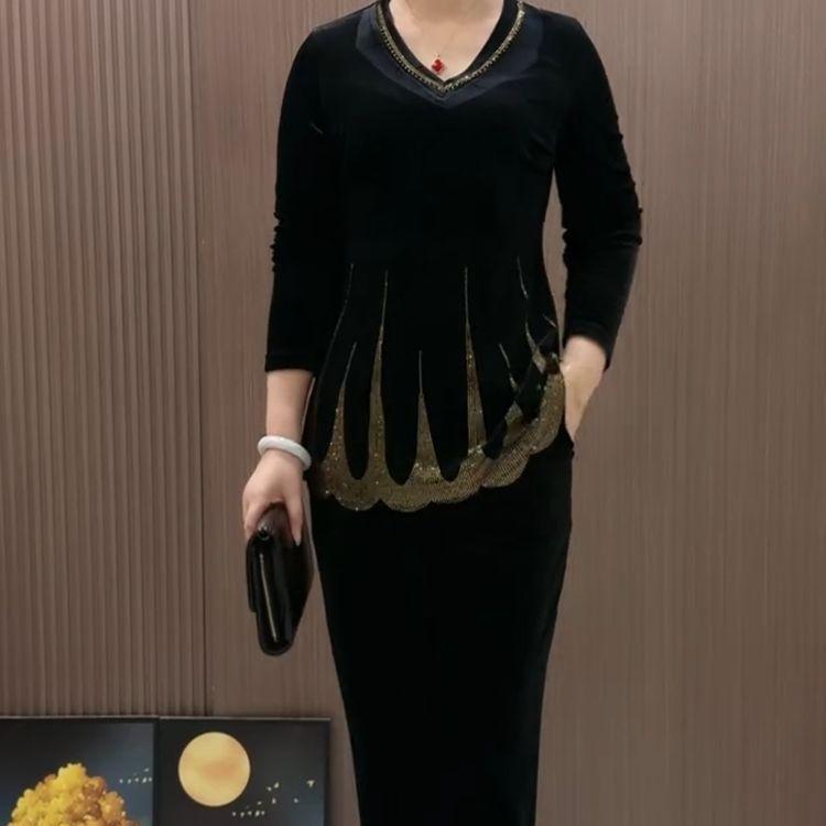 2pcs Pants Suit Spring Women's  Plus-size Velvet Blouse Rhinestone Elastic Waistband High-waist Velvet Pants Two-piece Set