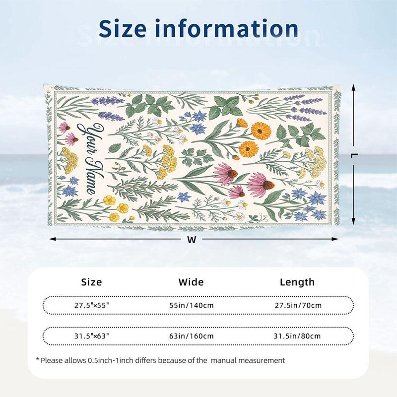 Floral Garden 3 Theme Quick Dry Beach Towel Custom Name Text Print Large Sand Resistant Towel Beach Vacation