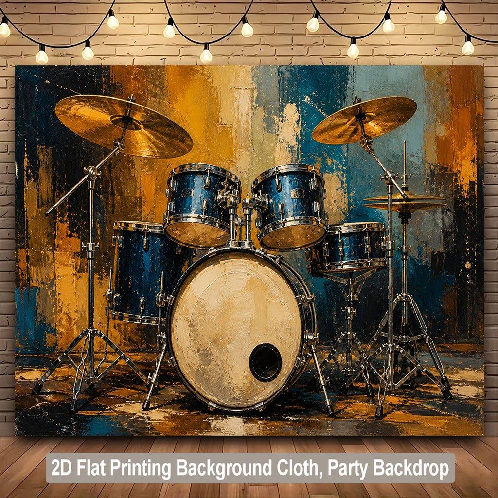 A 2D Flat Banner Background Fabric, with the Drum Set Positioned On the Colored Background Fabric.