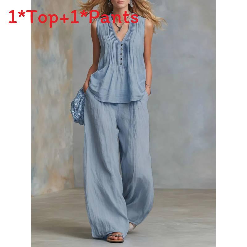 Casual Sleeveless Vneck Pants Set For Women With Polyester Splicing Style For Summer