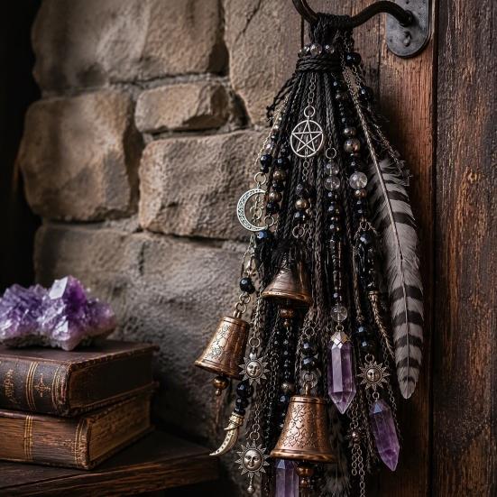 Regalo da Strega per Compleanno, Campanello da Porta da Strega Decorazione,acchiappasole Boho, Carillon a Vento Retrò, Carillon Stella Pentagramma Luna Decorazione per la Casa Ornamento da Appendere