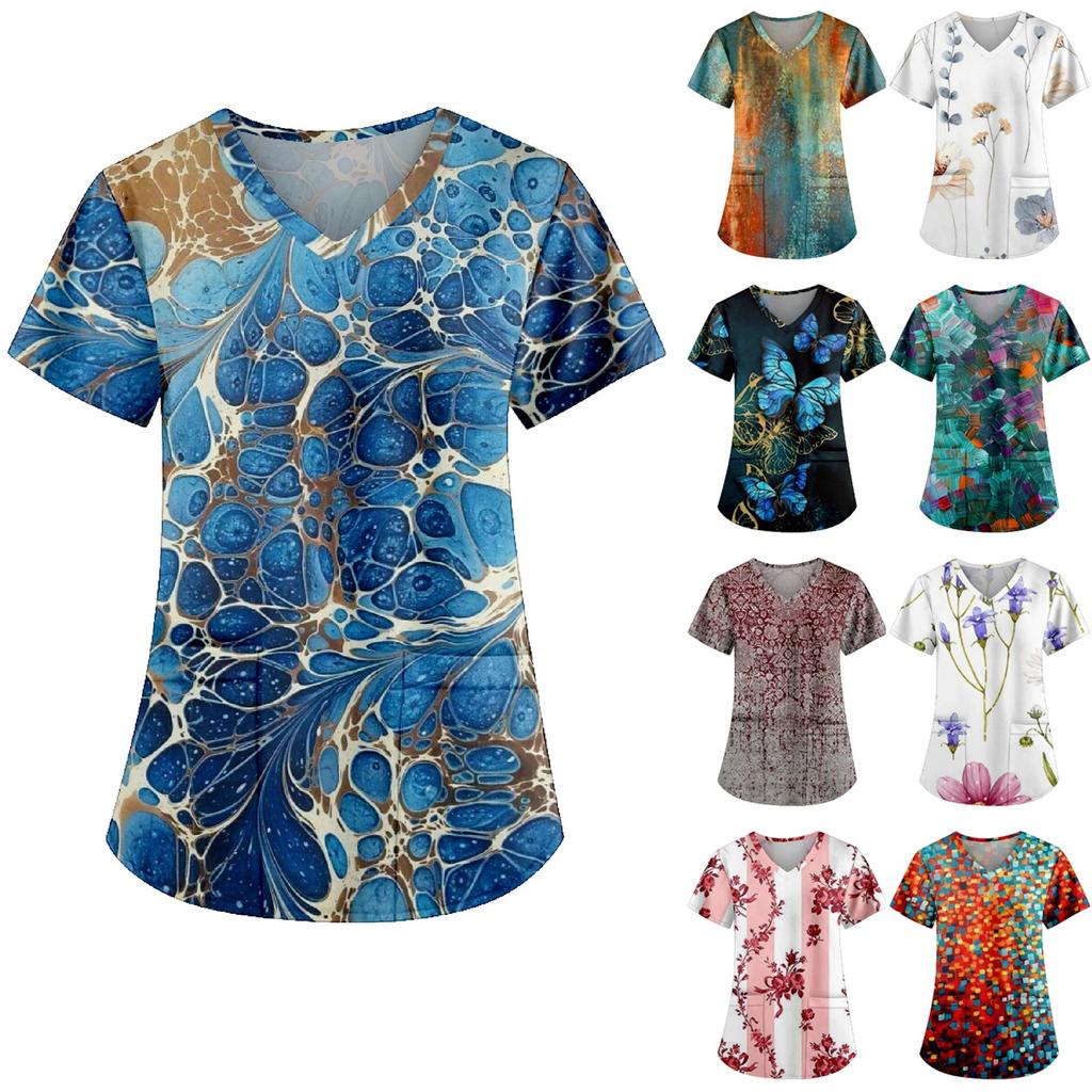 Women's Fashion Printed Work Uniform With Pocket T-Shirt Short Sleeve Top