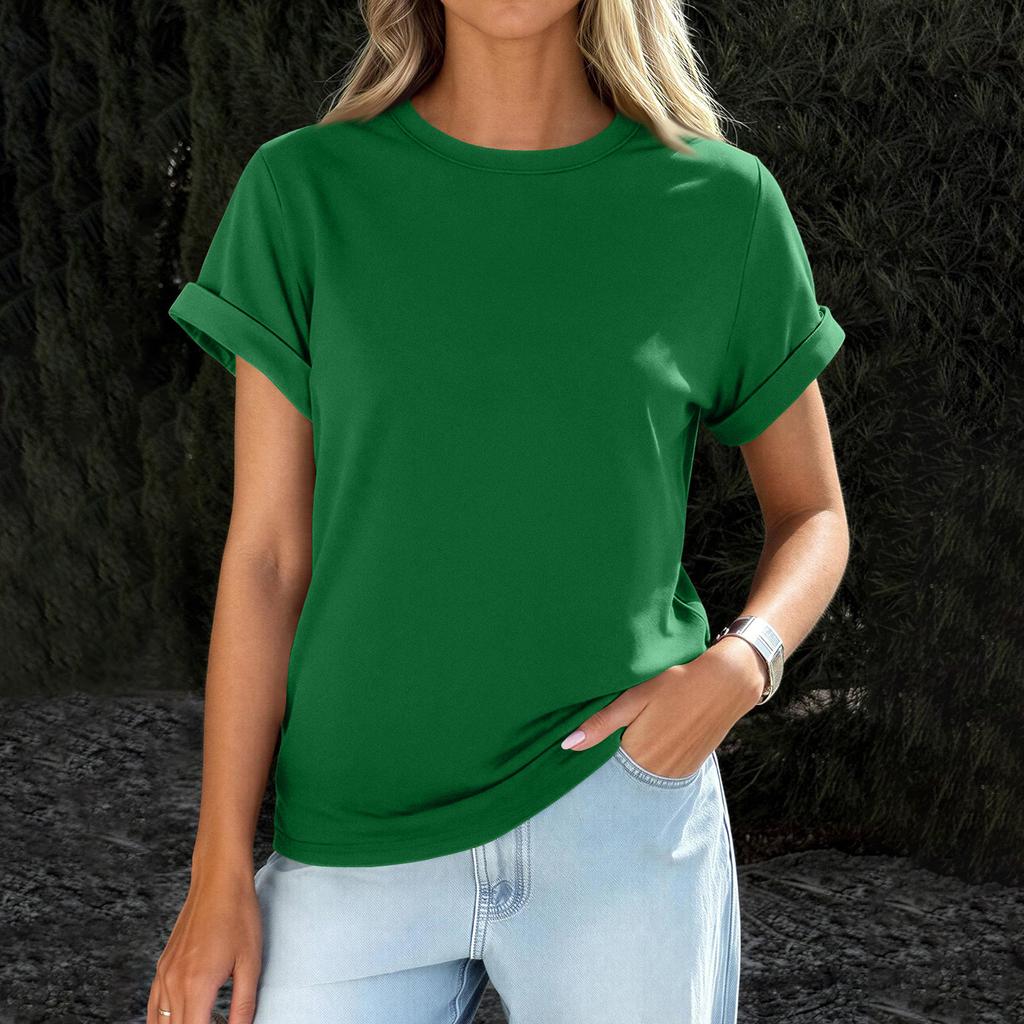 Womens  Casual Rolled Short Sleeve Basic Tees Fashion Tops