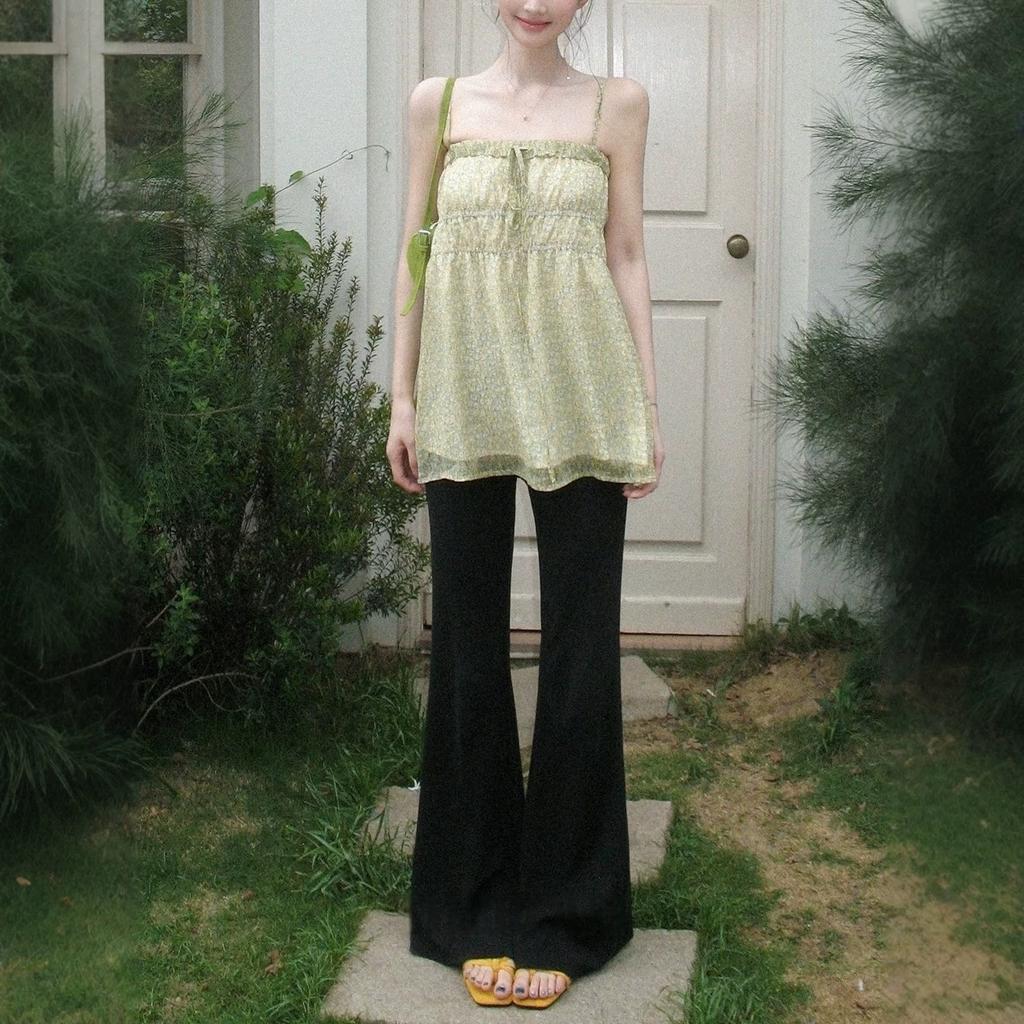 pleated floral suspenders women's summer gentle and sweet thin shoulder straps slim and thin top