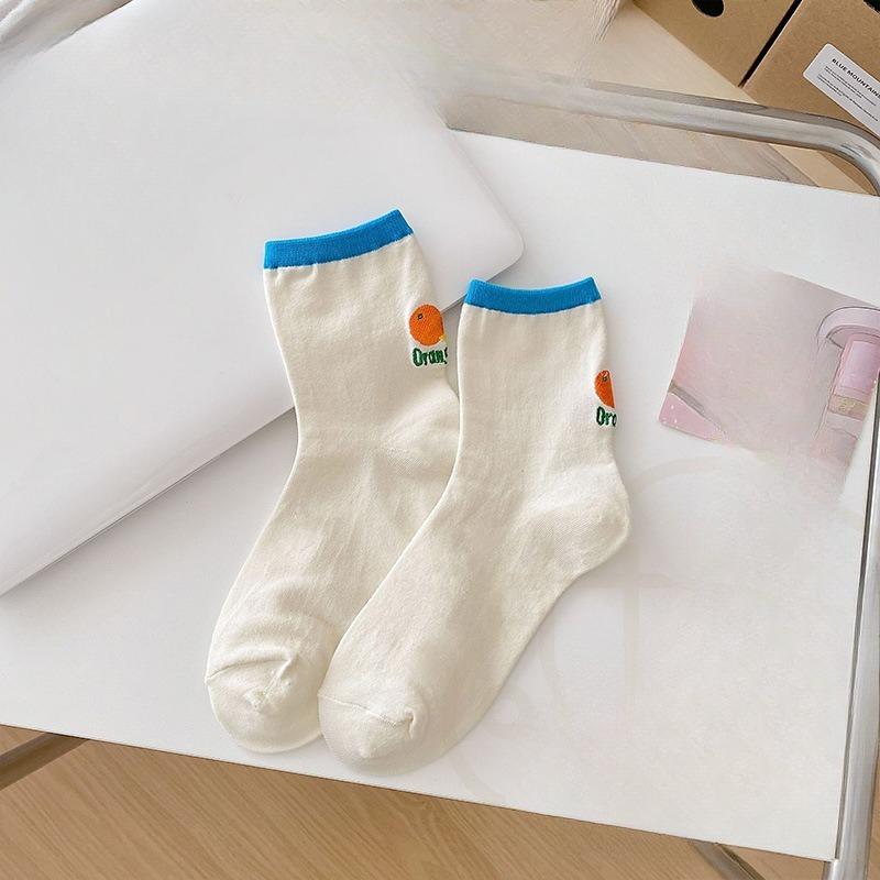 Fruit Embroidery Socks, Women's Mid-calf Socks, Trendy Pure Cotton Japanese-style Cute Sports Student Dopamine Summer Long Socks
