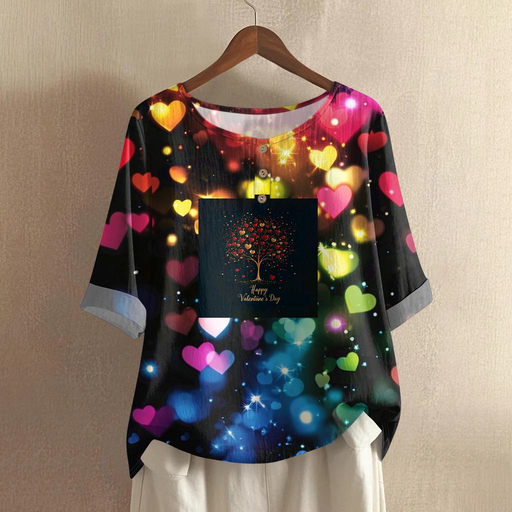 Damska casualowa i wygodna bawełniano-lniana bluzka z okrągłym dekoltem, średniej długości, z modnym nadrukiem