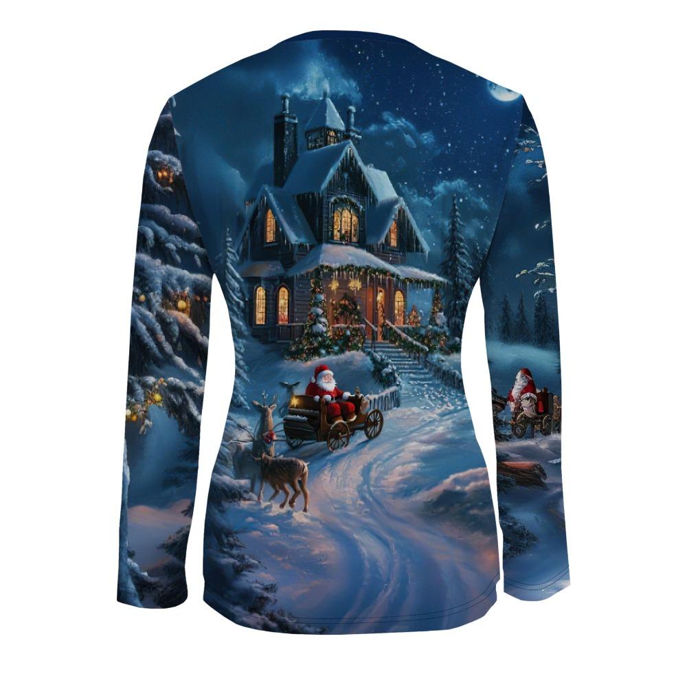 Large size casual Santa pattern women's zip-up long-sleeved top, suitable for daily, home and office wear