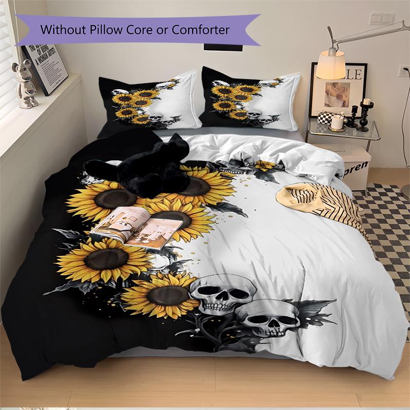 3pcs Skull Sunflower Design Duvet Cover Set - Machine Washable, Includes 1 Cover and 2 Pillowcases, No Core Included Yy251013143