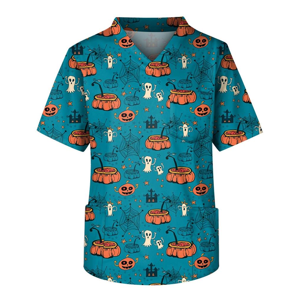 Plus rozmiar Halloween drukowane szorowanie jednolite topy robocze dla mężczyzn krzyżowy dekolt w serek z krótkim rękawem zabawne t-shirty odzież robocza Tee z kieszeniami