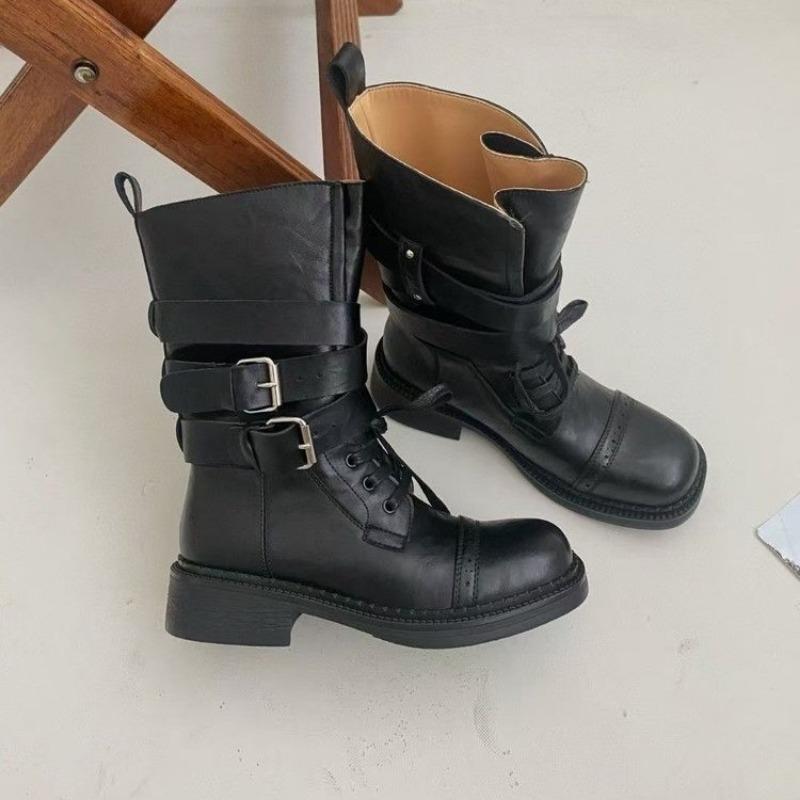 

Ботинки Мартин из толстой коровьей кожи на толстой подошве и толстом каблуке, ретро кожаные, женские новые ботинки средней длины, тонкие, с пряжкой-ремнем, ботинки в стиле локомотив 40 чёрный