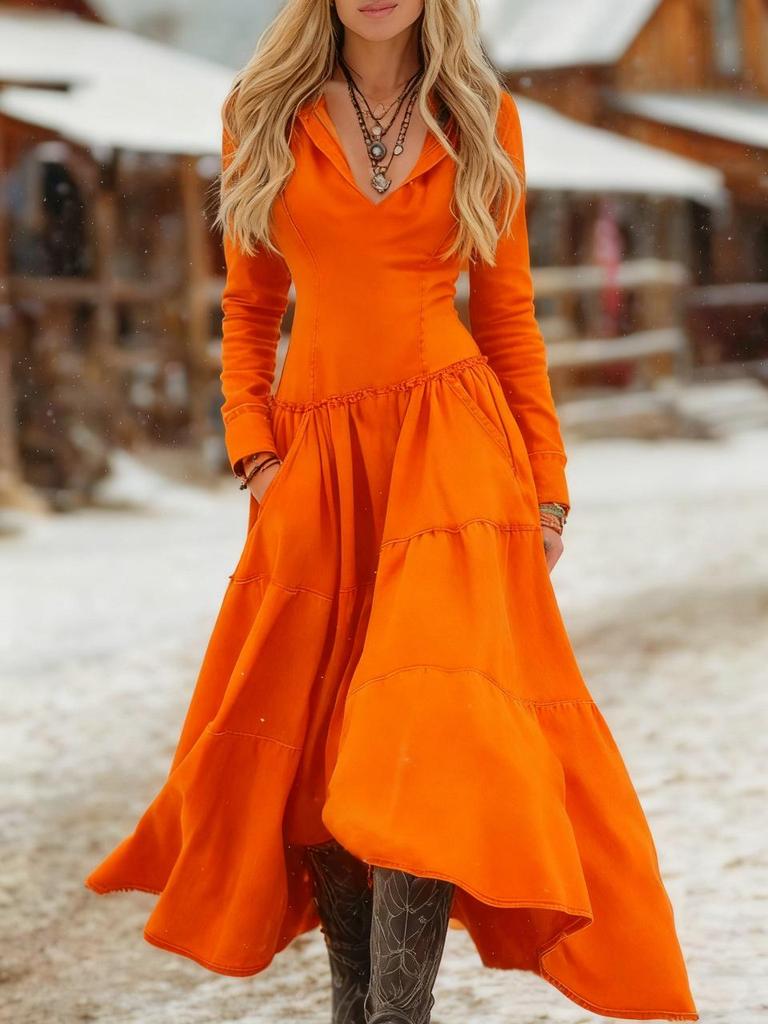 2025 Westlicher Cowboy-Stil Schlank geschnitten Langarm Patchwork Kleid