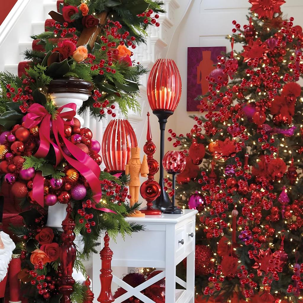 40pcs Red Faux Holly Berries Branches for Christmas Tree Wreath DIY Decor