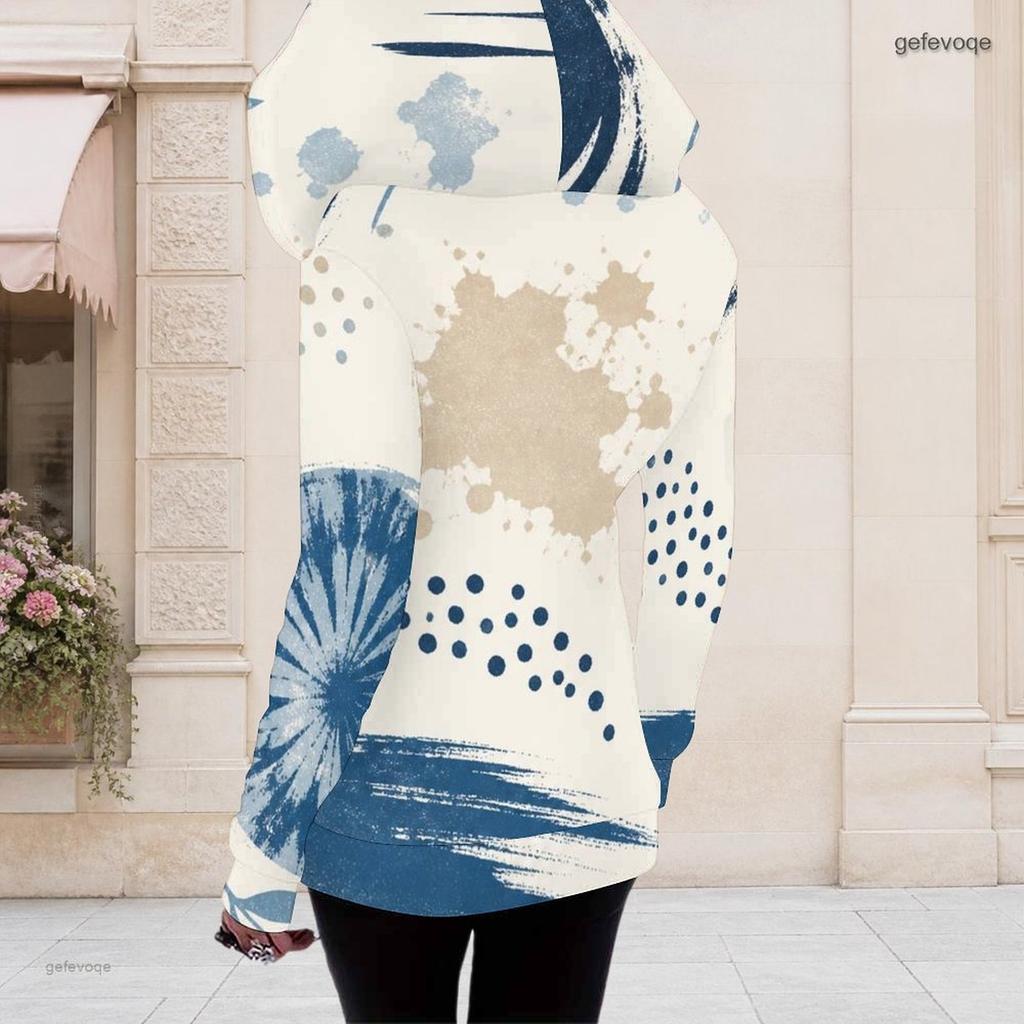Women Plus Size Black Beige Printed Asymmetric Cutout Neck Hooded Long Sleeve Fitted Top