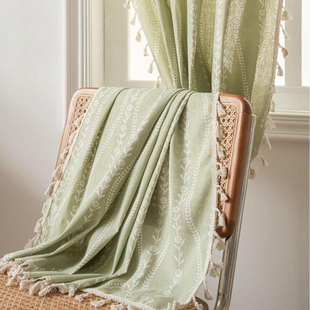 Pruhované Květinové Boho Závěsy do Ložnice Obývacího Pokoje, Bohémské Vintage Střapce Okenní Dekorace Závěs pro Domácí Dekorace Kapsa na Tyč, 1ks