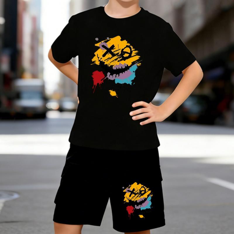 

Boys 2 Piece SMILE MOOD Printed Outfit, Short Sleeve T-Shirt and Shorts Set for Kids Age 5-14,Black and White Sporty Casual Summer Clothes 5-6 Years чёрный