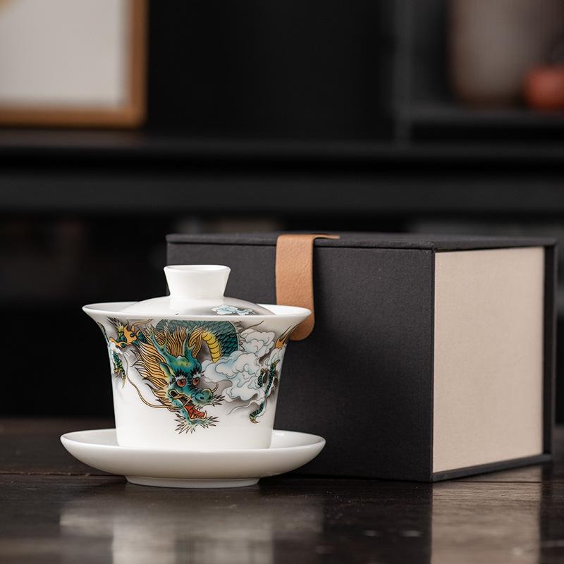 Longteng Jade Porzellan Sancai Gaiwan Hochwertige Geschäftsgeschenke für leitende Lehrer und Väter, hochwertige Souvenirs für die Jahresversammlung des Unternehmens