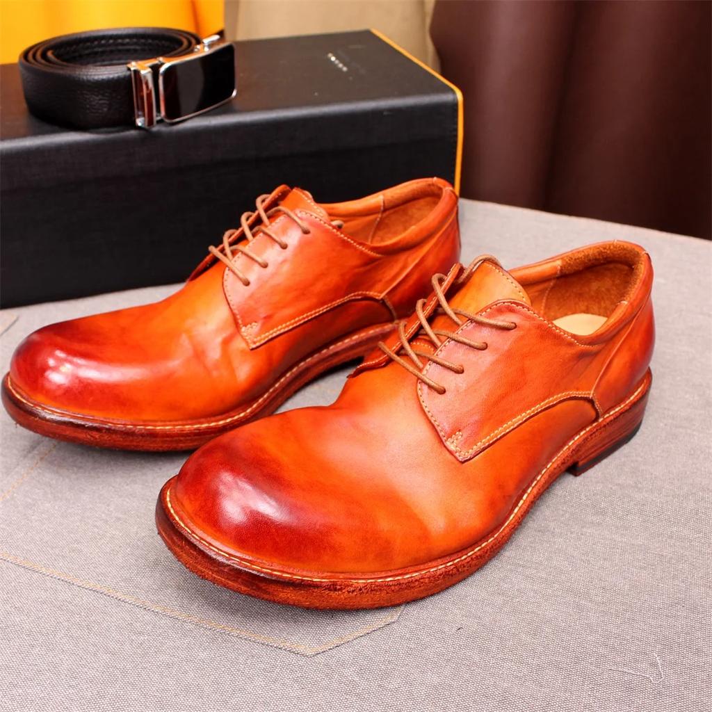 Fashion Men's Handmade Goodyear Sewn Derby Formal Shoes Soft Genuine Leather round Toe Comfortable Non-Slip Casual Shoes